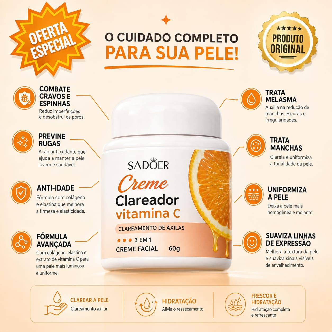 Infográfico com os benefícios do creme clareador de vitamina C