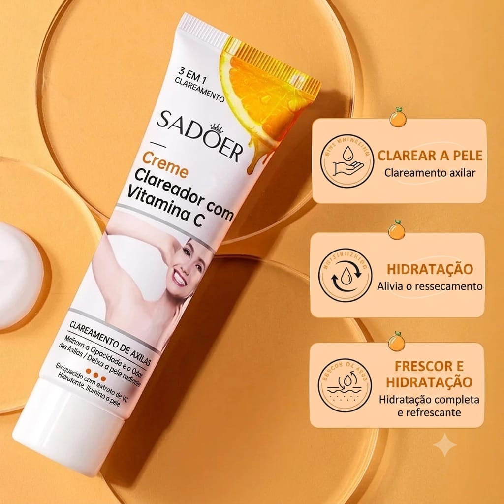Bisnaga do creme clareador com os três benefícios destacados